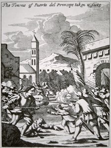 Henry Morgan captures and sacks the town of Puerto de Principe, Cuba, in 1668, illustration from 