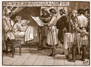 هنري يتلقى أخبار خيانة جونز ، رسم توضيحي من Cassells Illustrated History of England (sepia photo) بواسطة مدرسة اللغة الإنجليزية