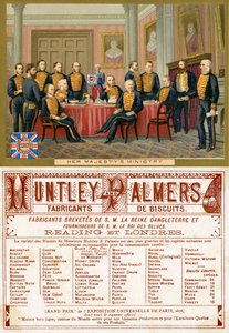وزارة صاحبة الجلالة ، مقدمة وخلفية لبطاقة ترويجية لشركة Huntley & Palmers Biscuits ، تم إنتاجها للسوق الفرنسية c.1890 بواسطة مدرسة اللغة الإنجليزية