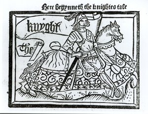هنا Begynneth The Knightes Tale ، توضيح من حكايات كانتربري بقلم جيفري تشوسر (c.1345-1400) طبعها ويليام كاكستون (c.1422-91) 1434 بواسطة مدرسة اللغة الإنجليزية