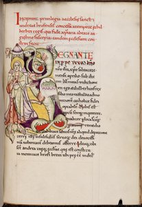الحرف الأول التاريخي "R" (egnante) مع المسيح والتنين ، من Textus Roffensis ، قبل عام 1719 (الفاكس على الرق) بواسطة مدرسة اللغة الإنجليزية