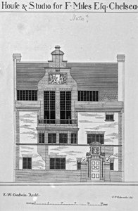 House und Studio لـ F.Miles Esq. ، تشيلسي ، رسم توضيحي من "المهندس البريطاني والمهندس الشمالي" ، نُشر في 6 ديسمبر 1878 بواسطة مدرسة اللغة الإنجليزية