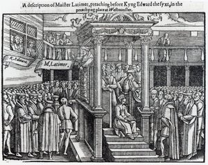 هيو لاتيمر (c.1485-1555) الوعظ قبل الملك إدوارد السادس (1537-53) في وستمنستر في 1547 ، من "أعمال وآثار" لجون فوكس (1516-87) 1563 بواسطة مدرسة اللغة الإنجليزية