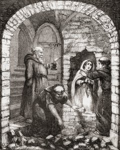 رسم توضيحي بعد جورج كروكشانك عن "دير Netley: A Legend of Hampshire" ، من "The Ingoldsby Legends or Mirth and Marvels" ، بقلم توماس إنغولدسبي ، نُشر عام 1865 بواسطة مدرسة اللغة الإنجليزية