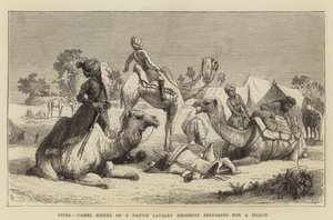 India, Camel Riders of a Native Cavalry Regiment preparing for a March (engraving) بواسطة مدرسة اللغة الإنجليزية