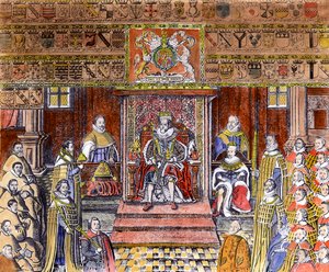 جيمس الأول من إنجلترا (1566-1625) في المحكمة (النقش) (تلوين لاحق) بواسطة مدرسة اللغة الإنجليزية