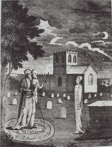 جون دي وإدوارد كيلي يستدعيان الموتى ، من تاريخ السحر ، نشر في أواخر القرن التاسع عشر بواسطة مدرسة اللغة الإنجليزية