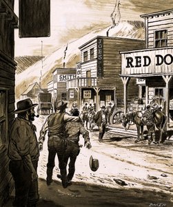 اكتشف جون سوتر الذهب في وادي ساكرامنتو وبدأ اندفاع الذهب الكبير في كاليفورنيا في عام 1847 (الغواش على الورق) بواسطة مدرسة اللغة الإنجليزية