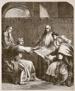 جون يرفض التوقيع على مقالات البارونات ، رسم توضيحي من Cassells Illustrated History of England (sepia photo) بواسطة مدرسة اللغة الإنجليزية