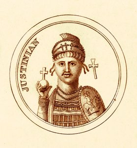 جستنيان ، رسم توضيحي من القاموس التاريخي العالمي لجورج كراب ، نشر عام 1825 (صورة محسنة رقميًا) بواسطة مدرسة اللغة الإنجليزية