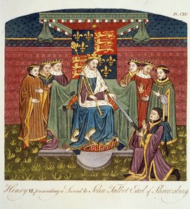 الملك هنري السادس (1421-1471) يقدم سيفًا لجون تالبوت (c.1388-1453) إيرل شروزبري ، توضيح من المنظر الكامل لفستان وعادات شعب إنجلترا المجلد الثاني ، نشر 17 بواسطة مدرسة اللغة الإنجليزية