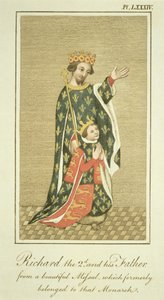 الملك ريتشارد الثاني (1367-1400) مع والده إدوارد (1330-76) الأمير الأسود ، رسم توضيحي من العرض الكامل لفستان وعادات شعب إنجلترا المجلد الثاني ، نشر 1799 (ملون بواسطة مدرسة اللغة الإنجليزية