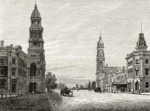 شارع الملك وليام ، أديليد ، c.1880 ، من "الصور الأسترالية" بقلم هوارد ويلوبي ، نشرته جمعية المسالك الدينية ، لندن ، 1886 بواسطة مدرسة اللغة الإنجليزية