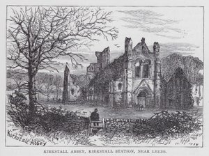 Kirkstall Abbey, Kirkstall Station, near Leeds (engraving) بواسطة مدرسة اللغة الإنجليزية