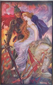 تحمل لانسلوت Guenevere ، رسم توضيحي من كتاب "The Book of Romance" الذي نشرته Longmans Green and Co بواسطة مدرسة اللغة الإنجليزية
