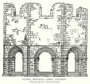 حوض غسيل، دير ميليفونت، دروغيدا (نقش) بواسطة مدرسة اللغة الإنجليزية