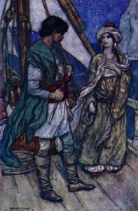 Lord Byron, Conrad And Gulnare (colour litho) بواسطة مدرسة اللغة الإنجليزية