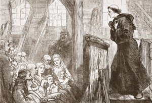 لوثر الوعظ في الكنيسة الخشبية القديمة في Wittemberg ، توضيح من تاريخ البروتستانتية بقلم جيمس أيتكين ويلي (1808-1890) ، حانة. 1878 بواسطة مدرسة اللغة الإنجليزية