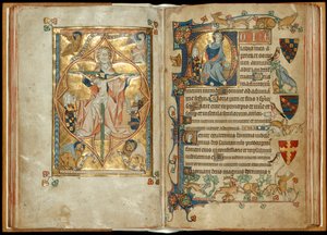 MS 242 و. 28v-29r عرش الرحمة مع الرعاة ، نعمة المسيح مع الراعي ، c.1314-30 (أوراق الذهب و درجة الحرارة على الرق) بواسطة مدرسة اللغة الإنجليزية