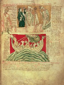 MS CCC 157 ، ص 383 ، الرؤى التي حلم بها الملك هنري الأول في نورماندي في عام 1130 ، من Worcester Chronicle ، حوالي 1130-40 (رق) أدخلها في 1140 بواسطة John of Worcester في التاريخ الذي بدأه فلورنسا من ووستر (ت 1118) ؛ واحدة من أقدم الأمراض المزمنة على قيد ال بواسطة مدرسة اللغة الإنجليزية