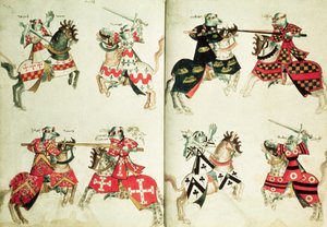 MS Harley 4205 fol.31v-32 فرسان مبارزة يظهرون شعارات شعارات (رق) بواسطة مدرسة اللغة الإنجليزية