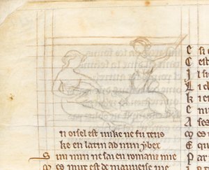 MS McClean 123 f.40v Underdrawing لمنمنمة تظهر صيادًا يمسك وحيد القرن مستلقيًا عارياً في حضن عذراء ، من كتاب Nuneaton ، حوالي 1280-1300 (حبر على ورق) (تفاصيل 418062) بواسطة مدرسة اللغة الإنجليزية