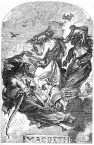 ماكبث - رسم توضيحي في "" Completes de William Shakespeare "" 1866 - تم استعارة الرسوم التوضيحية والشكل العام لهذه الطبعة من شكسبير المصور لكاسيل ، والذي نُشر في لندن بواسطة مدرسة اللغة الإنجليزية