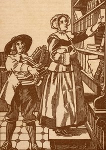 بائعو الكتب من الذكور والإناث الذين يعملون في مكتبة كتب من القرن السابع عشر (ليثو) بواسطة مدرسة اللغة الإنجليزية