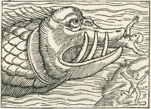 رجل تأكله حية البحر. تم العثور على رسم توضيحي على هامش خريطة أعدها Olaus Magnus بواسطة مدرسة اللغة الإنجليزية