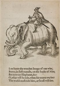 رجل يركب فيلًا ، رسم توضيحي من "Thomas Coriate Traueller for the English Wits" بواسطة مدرسة اللغة الإنجليزية