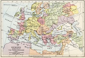 خريطة أوروبا في وقت الحملة الصليبية الثالثة ، 1190 ، من "الأطلس التاريخي" ، التي نشرتها W. und AK Johnston Limited ، 1911