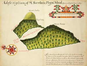 خريطة جزر Secretaire و Pepys في مضيق Magellan ، حوالي عام 1628 (قلم حبر ، حبر وألوان مائية على ورق) بواسطة مدرسة اللغة الإنجليزية