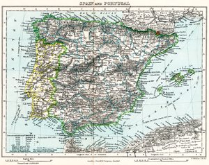 خريطة لإسبانيا والبرتغال من معرض ميلنر للجغرافيا، حوالي عام 1872 (طباعة حجرية ملونة) بواسطة مدرسة اللغة الإنجليزية