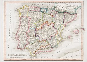 خريطة إسبانيا والبرتغال ، من "أطلس سميث العام" ، نشرها C. Smith Mapseller ، لندن عام 1850 (لون ليثو)