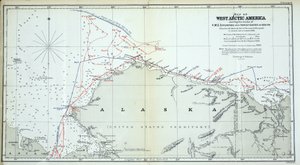 خريطة لأمريكا الشمالية الغربية تظهر مسارات شركة HMS Enterprise والمحقق في 1850-1854 بواسطة مدرسة اللغة الإنجليزية