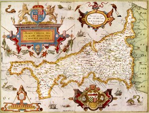 خريطة لمقاطعة كورنوال في عام 1576، من "أطلس ساكستون..."، مستنسخة في "الخرائط الزخرفية القديمة..." بقلم آرثر ل. همفريز بواسطة مدرسة اللغة الإنجليزية
