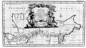 خريطة للطريق الذي سلكه فيتوس بيرينغ (1681-1741) عبر سيبيريا إلى كامشاتكا ، من Navigantium atque Itinerantium Bibliotheca المنشورة عام 1744