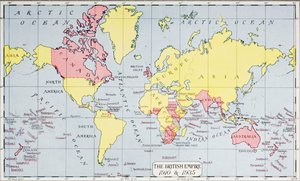 خريطة توضح إمبراطورية الملك ، باللون الأحمر ، في عامي 1910 و 1935 ، من "الملكة ، جريدة السيدة" ، نُشرت عام 1935 (لون ليثو) بواسطة مدرسة اللغة الإنجليزية