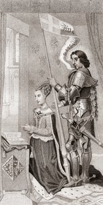 مارغريت الدنماركية مع القديس كانوت ، راعية الدنمارك ، وخلفها تحمل لافتة تظهر صليب الحروب الصليبية. مارجريت الدنمارك بواسطة مدرسة اللغة الإنجليزية