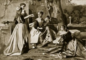 ماري ملكة الاسكتلنديين في حديقة الدير ، توضيح من قصة هاتشينسون للأمة البريطانية ، حوالي 1923 بواسطة مدرسة اللغة الإنجليزية
