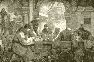 ثقافة العصور الوسطى - الرهبان في دير تضيء الكتب وتنسخها بواسطة مدرسة اللغة الإنجليزية