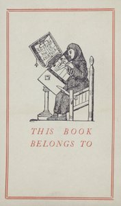 كاتب من العصور الوسطى يعمل على مخطوطة ، ملصق ملكية كتاب (لون ليثو) بواسطة مدرسة اللغة الإنجليزية