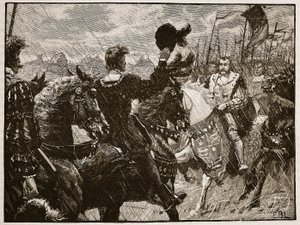 لقاء هنري والإمبراطور ماكسيميليان ، رسم توضيحي من تاريخ كاسيلس المصور لإنجلترا (صورة بني داكن) بواسطة مدرسة اللغة الإنجليزية