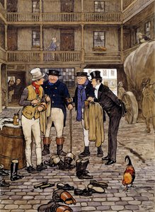 أعضاء نادي بيكويك يقابلون سام ويلر رسم توضيحي لأعمال تشارلز ديكنز (1812-1870) من المدرسة الإنجليزية. 1837 مجموعة خاصة بواسطة مدرسة اللغة الإنجليزية