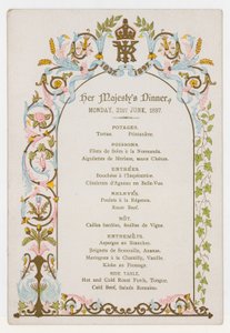 قائمة العشاء الملكة الملكة فيكتورياس يوم الاثنين 21 يونيو 1897 ، قبل يوم من اليوبيل الماسي لها بواسطة مدرسة اللغة الإنجليزية