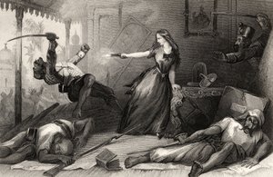 ملكة جمال ويلر تدافع عن نفسها ضد Sepoys في Cawnpore في عام 1857 ، من "تاريخ التمرد الهندي" ، نشر في عام 1858 (النقش) بواسطة مدرسة اللغة الإنجليزية