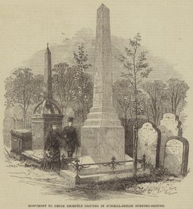 نصب تذكاري لـ Defoe أقيم مؤخرًا في Bunhill-Fields Burying-Ground (نقش) بواسطة مدرسة اللغة الإنجليزية