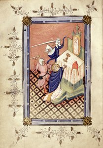 Ms.49 f.18v سانت توماس من كانتربري (c.1118-70) يتعرض للهجوم من قبل اثنين من الفرسان ، Horae ، c.1420-30 بواسطة مدرسة اللغة الإنجليزية