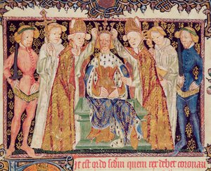 Ms 197 f.3r تتويج ملك من Liber Regalis بواسطة مدرسة اللغة الإنجليزية