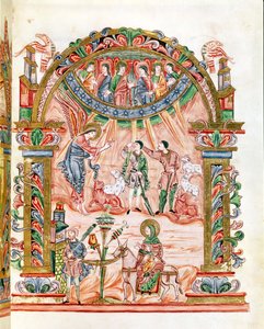 Ms 274 (Y-6) fol.33 البشارة إلى الرعاة والفرار إلى مصر ، من قداس روبرت جوميجس ، c.1016